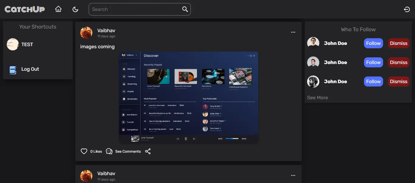 Social media website front page