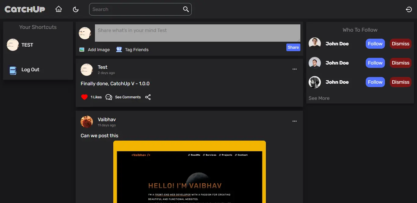 Social media website front page
