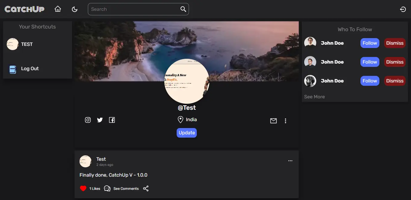 Social media website front page
