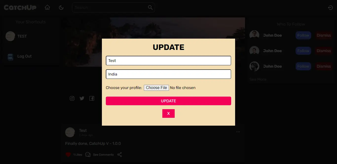 Social media website front page